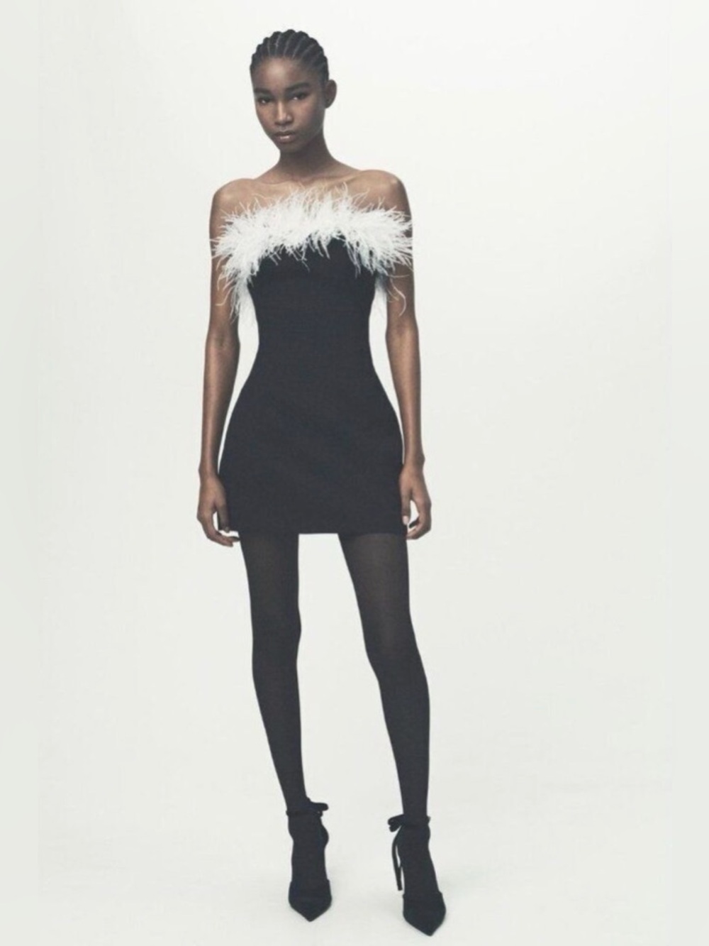 Zara Black Strapless Mini Dress with White Feather Trim